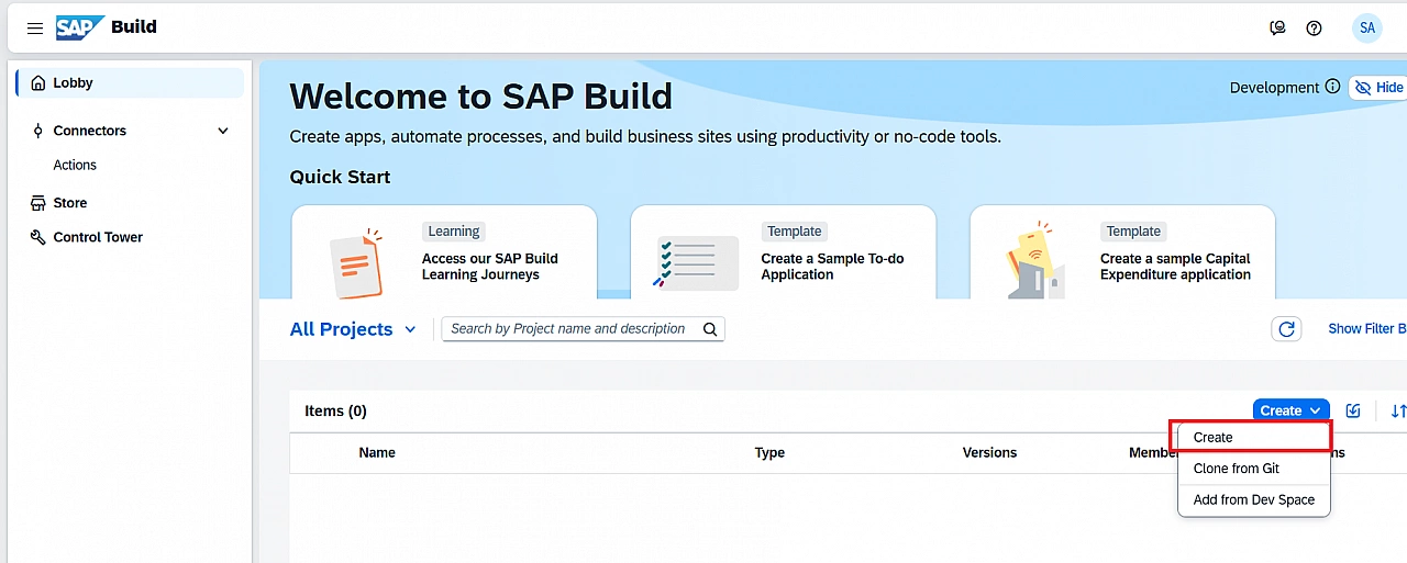 SAP Build Create Project